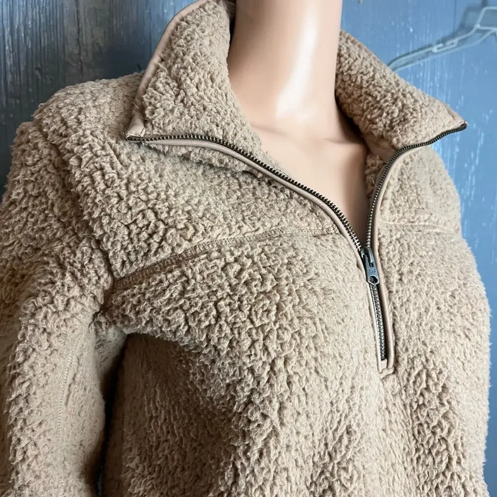Abercrombie & Fitch Sherpa Fleece Half Zip Pullover Cozy Teddy Jacket Tan Medium